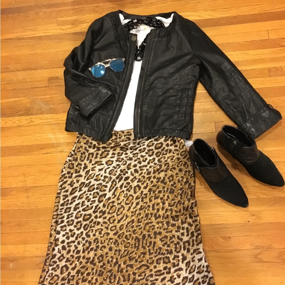 Mike & Chris black leather jacket with tonal stripes. Size S, excellent shape.